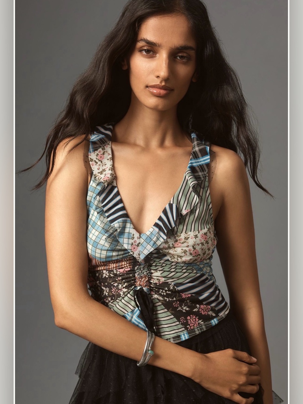 Maeve Mixed-Print V-Neck Knot Front Tank in Blue, Black, Cream